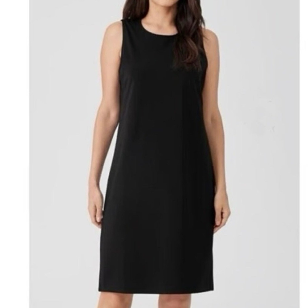 Eileen Fisher‎ Black Sleeveless V Neck Career pockets Midi Shift Dress Medium